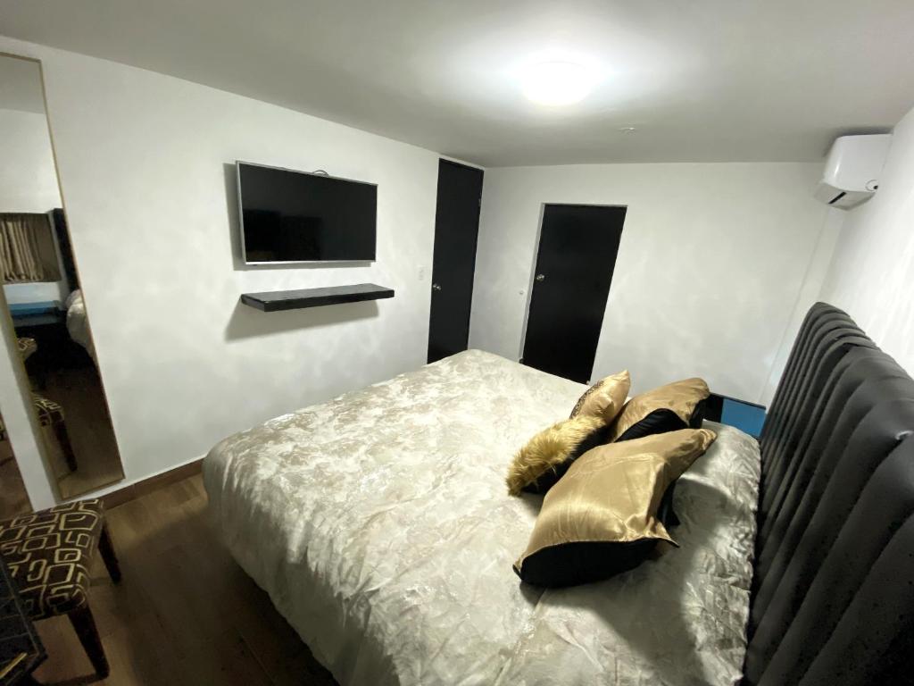- une chambre avec un lit doté d'oreillers et une télévision dans l'établissement Hotel Olé, à Monterrey