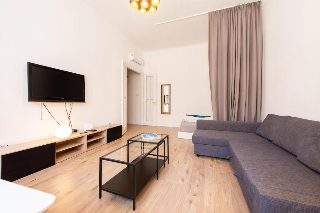 a living room with a couch and a flat screen tv at BUDAPEST4U - New apt in the central of Budapest in Budapest