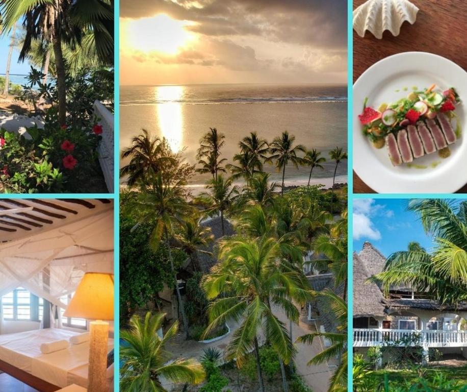 a collage of photos of a resort with a plate of food at Matemwe Rock Villas in Matemwe