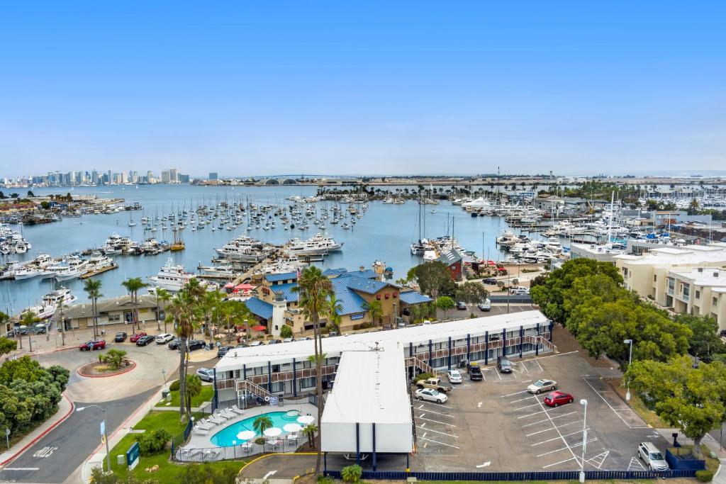 an aerial view of a marina with boats in the water at Sea Harbor Hotel - San Diego in San Diego