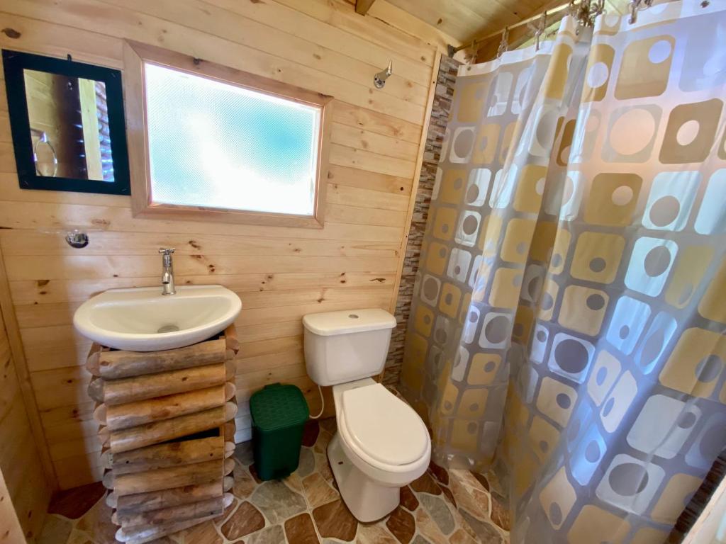 een badkamer met een toilet, een wastafel en een raam bij Cabaña el kiosko in Zipaquirá