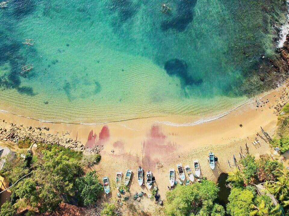 an aerial view of a beach with a group of boats at Amour Surf in Tangalle