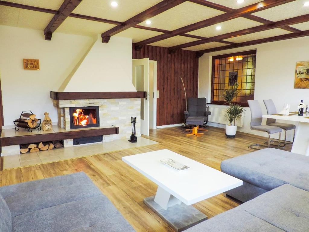 a living room with a fireplace and a couch at Ferienwohnung Zur Backstube in Tanne