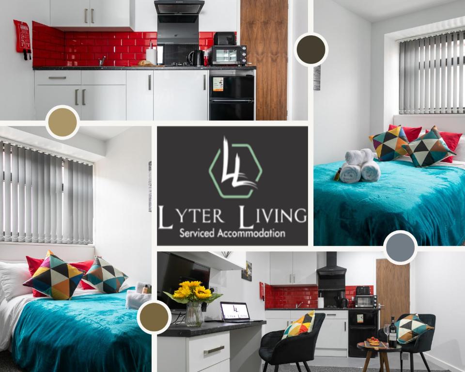 un collage de fotos de una habitación con cama y cocina en Studio Apartments by Lyter Living Desks & Wifi - Monthly Stays Available, en Leicester
