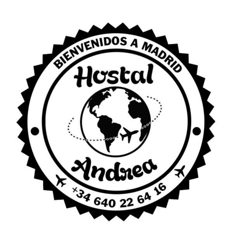 un sello con el nombre del país de Indonesia y el texto en Hostal Andrea, en Madrid