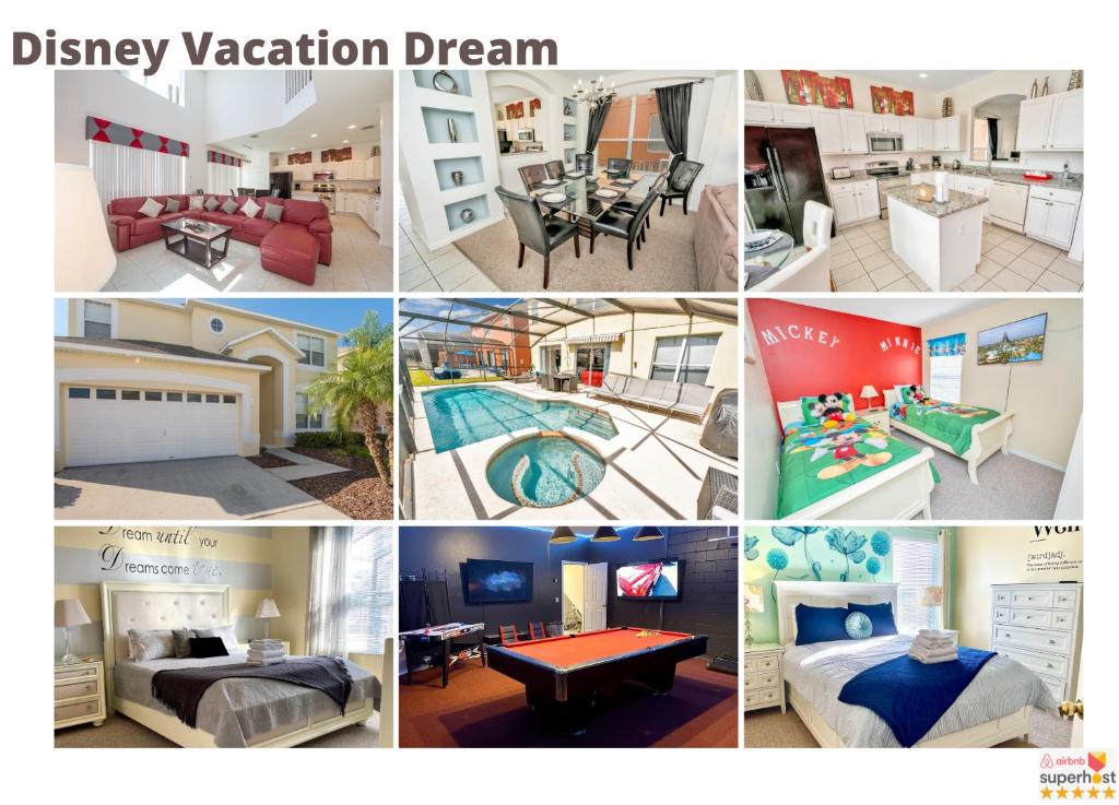 a collage of pictures of a bedroom and a pool at Disney Dream with Hot Tub, Pool, Xbox, Games Room, Lakeview, 10 min to Disney, Clubhouse in Kissimmee