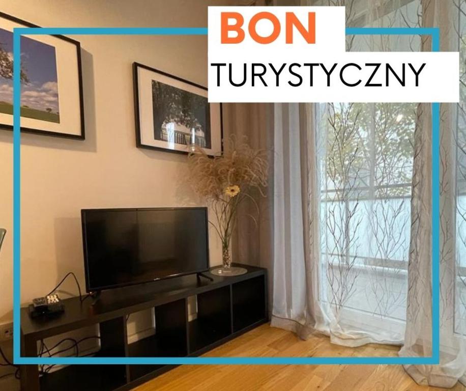 a living room with a television and a window at Apartamenty Jesionowa in Wrocław