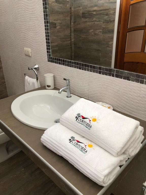 La salle de bains est pourvue d'un lavabo et de serviettes. dans l'établissement Alojamiento Familiar Custodia, à Tarapoto