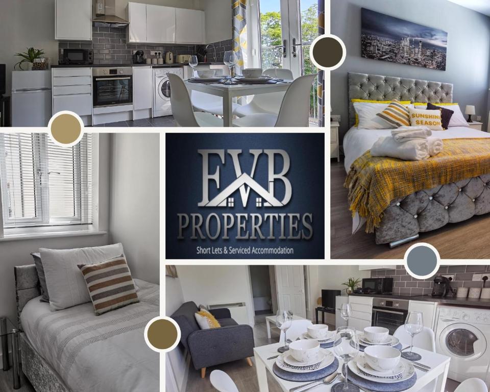 a collage of photos of a kitchen and a living room at Spireview 2 Bedroom Apartment EVB Properties Short Lets & Serviced Accommodation ,Titanic City- Southampton in Southampton