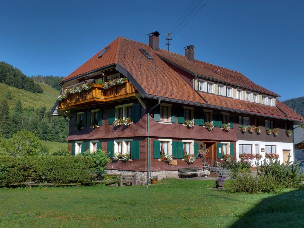 ein großes braunes Haus mit rotem Dach in der Unterkunft Gästehaus Kaiser in Menzenschwand