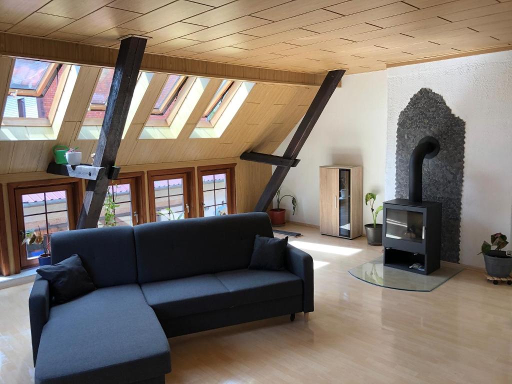 a living room with a couch and a fireplace at Lissy's alte Schmiede 