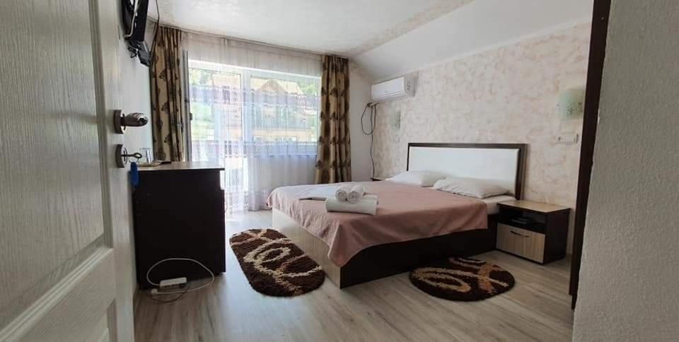 ein Hotelzimmer mit einem Bett und einem Fenster in der Unterkunft Casa Mimi in Băile Herculane
