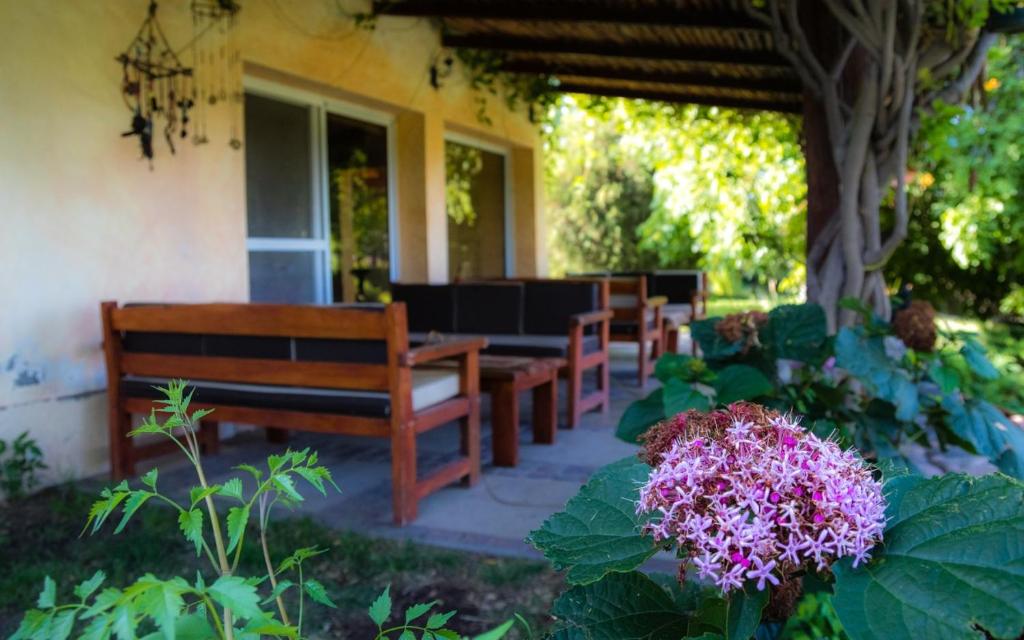 a patio with benches and flowers in front of a building at Finca del Rio - Casa de campo in Tunuyán