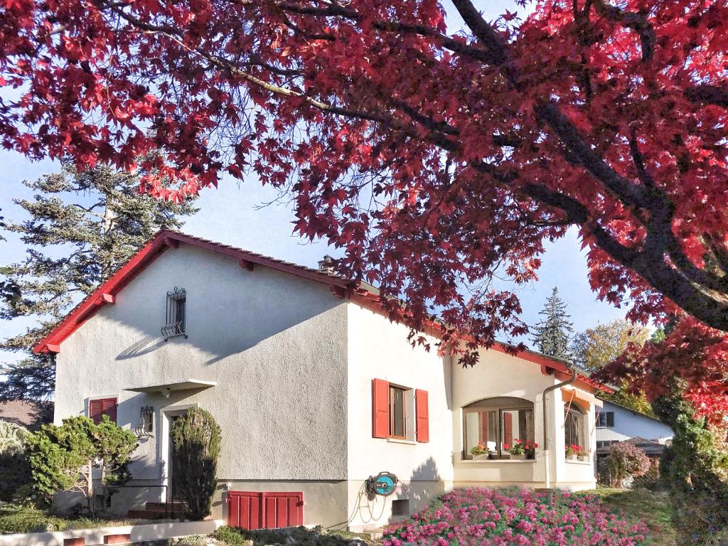 una casa con flores rojas delante de ella en Lindo Lugar - just a 7 minute walk from the airport en Ginebra