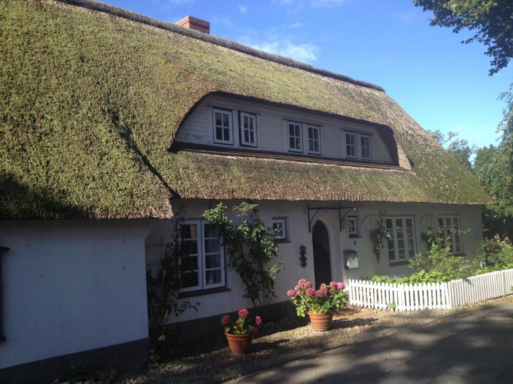 a thatch roof house with potted plants in front of it at Blaue Stube in Nieblum