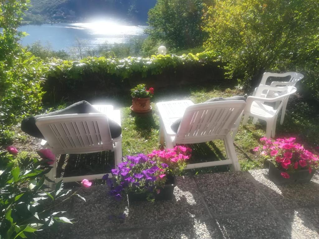 dos sillas blancas y flores en un jardín en La Finestra sul Lago, en Brusimpiano