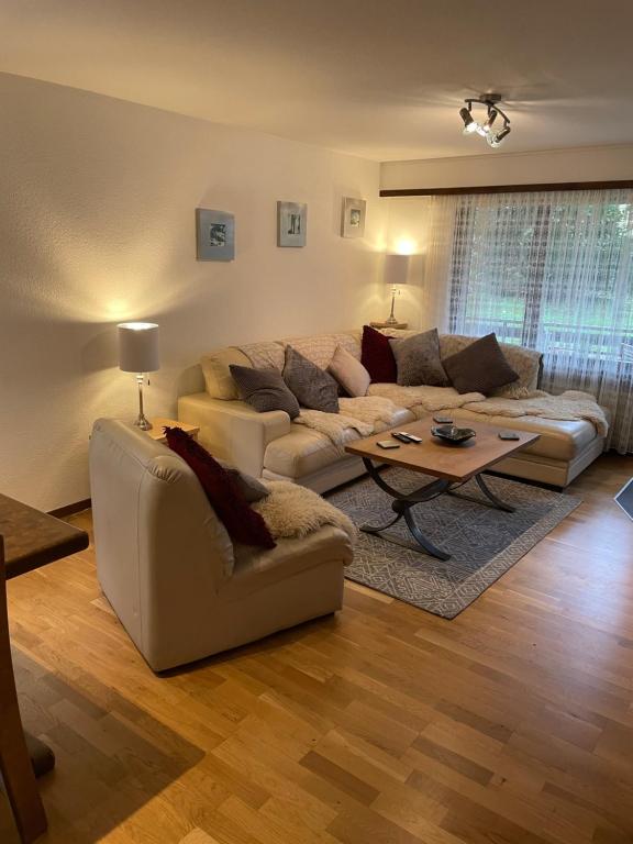 a living room with a couch and a table at Haus Residence Wohnungen ground floor 003 in Täsch