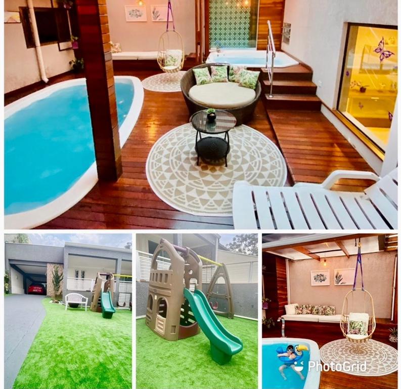 kolaż zdjęć domu z basenem w obiekcie CWB 997 com piscina aquecida jacuzzi e Playground w mieście Kurytyba