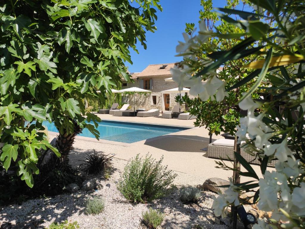 a house with a swimming pool and some trees at Les Champs de Provence in La Baume-de-Transit