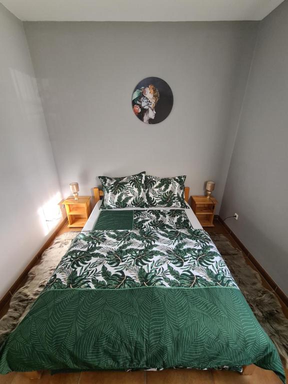 モーラハロムにあるAmina Apartmanのベッドルーム1室(ベッド1台、緑の掛け布団付)
