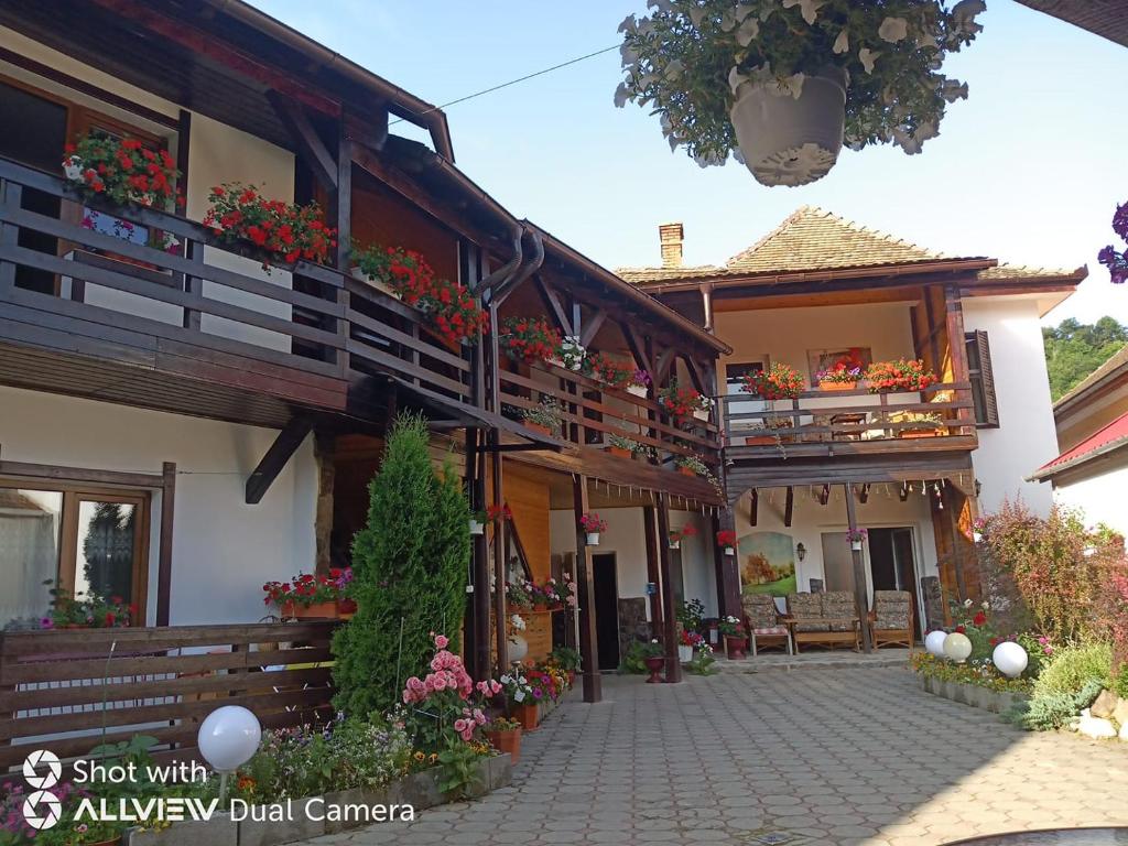 a building with flower boxes on the balconies of it at Pensiunea Liana in Nemşa