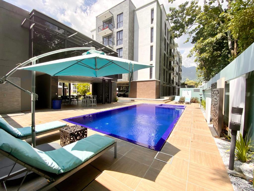 a swimming pool with an umbrella and chairs next to a building at TriBeCa Condominios in San Pedro Sula