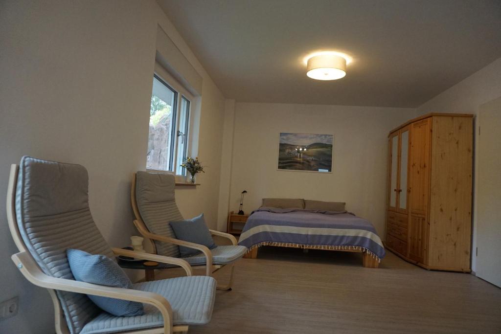 1 dormitorio con 2 sillas, 1 cama y 1 ventana en FeWo am Neckarsteig mit Anbindung an Heidelberg en Neckarsteinach