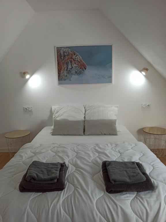 a white bed with two towels on top of it at A 4 min du Zoo de Beauval La Maison à Partager Ch4 2ème étage in Saint-Aignan