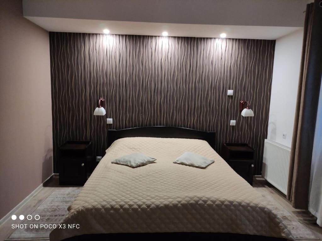 1 dormitorio con 1 cama con 2 almohadas en Siesta Pension, en Miercurea-Ciuc