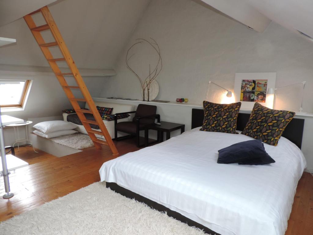 a bedroom with a bed with a ladder and a desk at B&B Lodging At 8 in Leuven