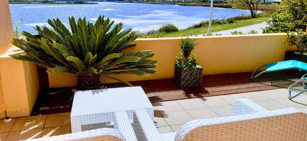 d'une terrasse avec 2 chaises blanches et des plantes sur un balcon. dans l'établissement Les rives du lac, au Grau-du-Roi