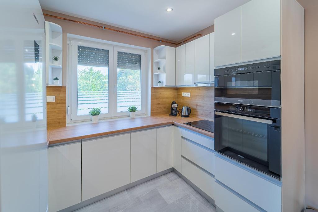 A kitchen or kitchenette at Idevár-Lak Apartman