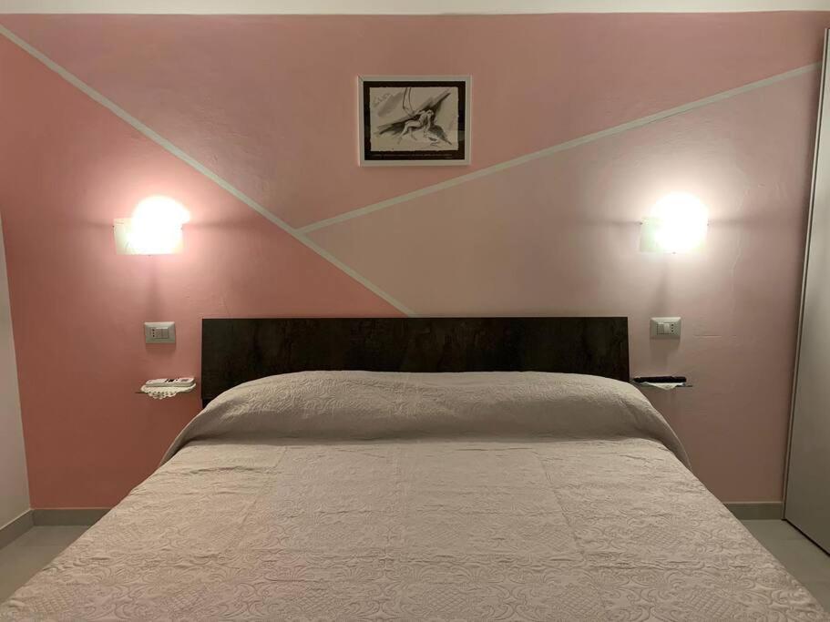 1 dormitorio con 1 cama grande y paredes de color rosa en La casa di Agnese, en Orvieto