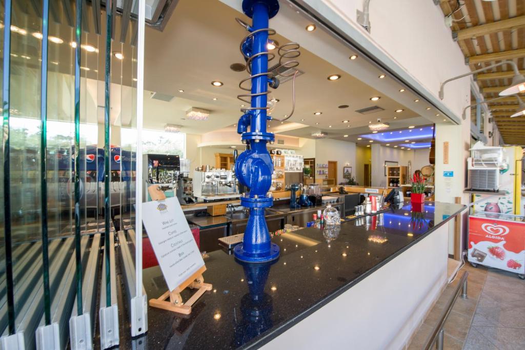 a blue vase on the counter of a store at Isida Hotel Agia Marina in Agia Marina Nea Kydonias