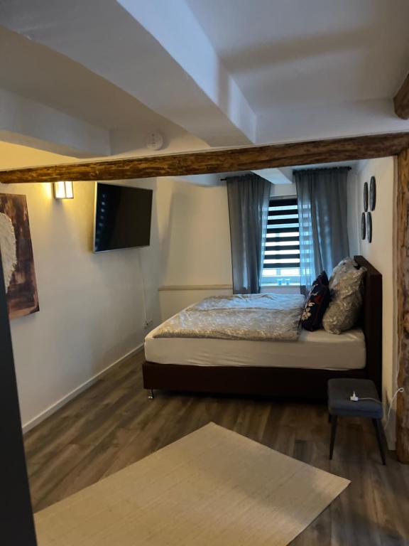 a bedroom with a bed and a tv in a room at Fernweh Harz in Seesen