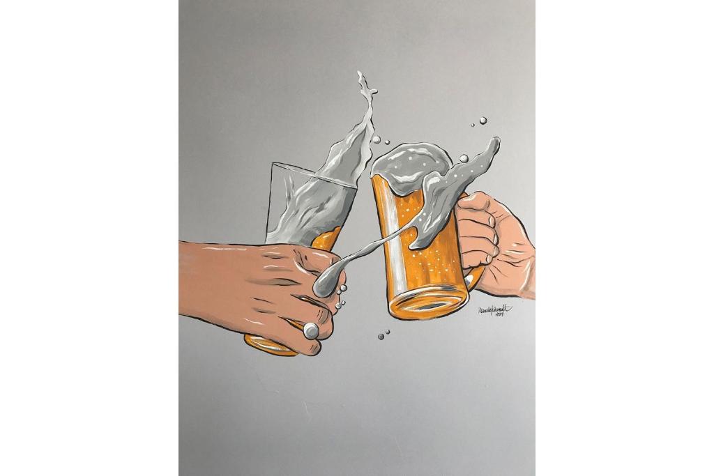 um desenho animado de uma mão segurando um copo de cerveja em Apto temático Cerveja - Pomerode SC em Pomerode