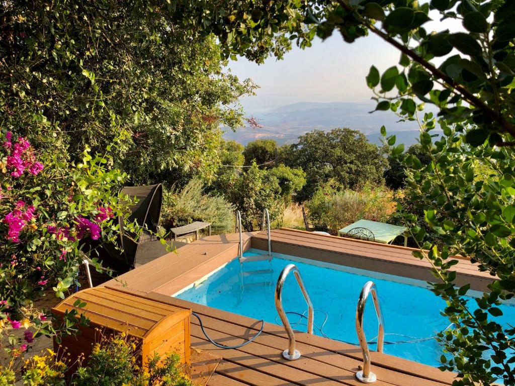 una piscina in un giardino con vista sulle montagne di Rose Garden - Gan Vradim ad Amirim