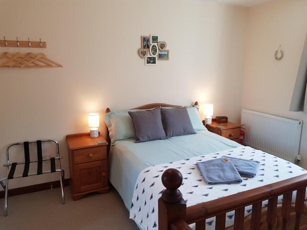 um quarto com uma cama com duas mesas de cabeceira e dois candeeiros em The Beehive - Self catering in the heart of the Forest of Dean em Whitecroft