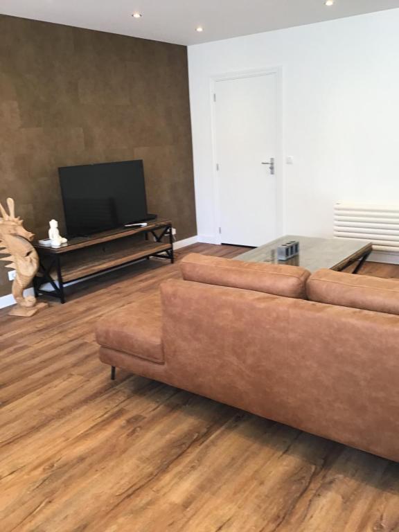 ein Wohnzimmer mit einem Sofa und einem Flachbild-TV in der Unterkunft Chic appartement in Sas van Gent in Sas van Gent