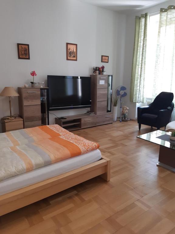 a bedroom with a flat screen tv and a bed at Ferienwohnung Schloessel 26/16 in Vienna