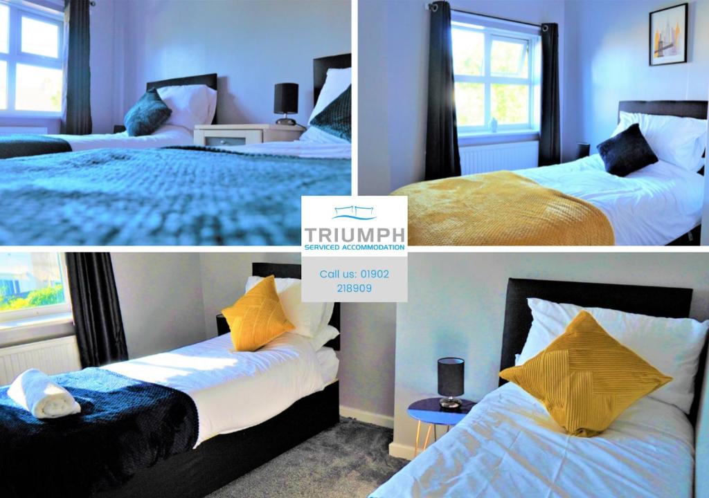 a collage of three pictures of a bedroom with two beds at Spacious 3 bed house, great for FAMILIES and CONTRACTORS, sleeps 5 plus FREE Parking - Triumph Serviced Accommodation Wolverhampton in Wolverhampton