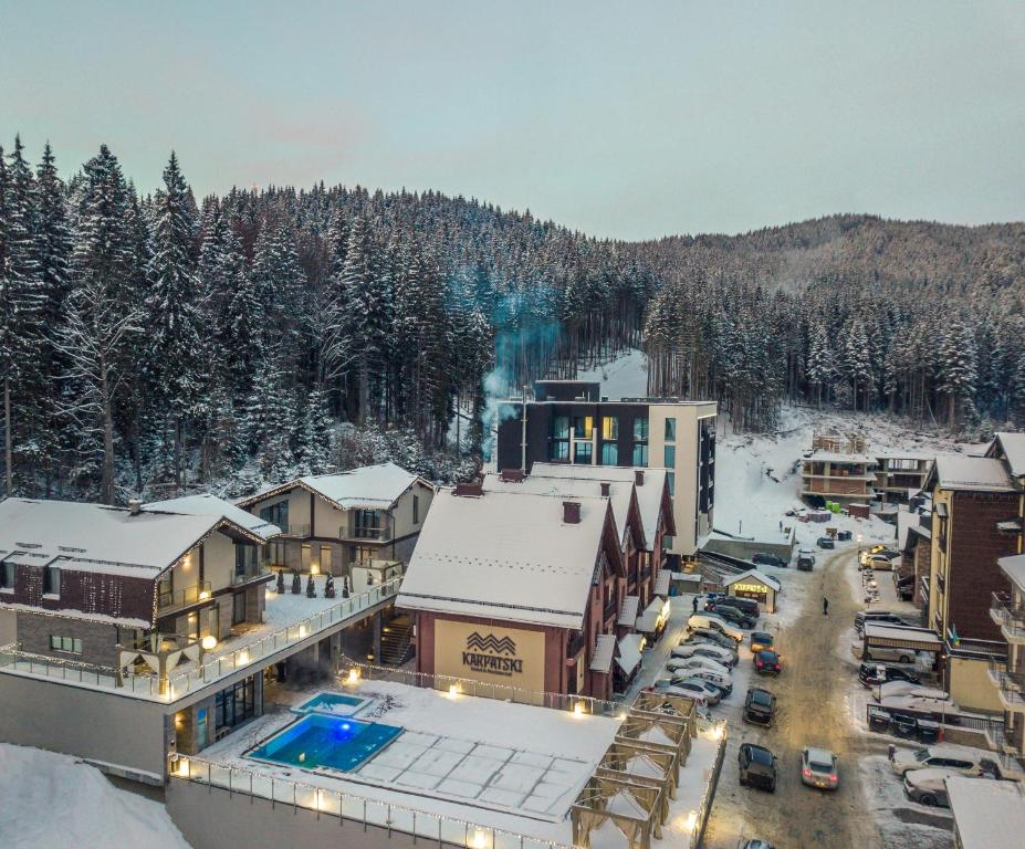 an aerial view of a resort in the snow at Karpatski Hotel & Spa in Bukovel