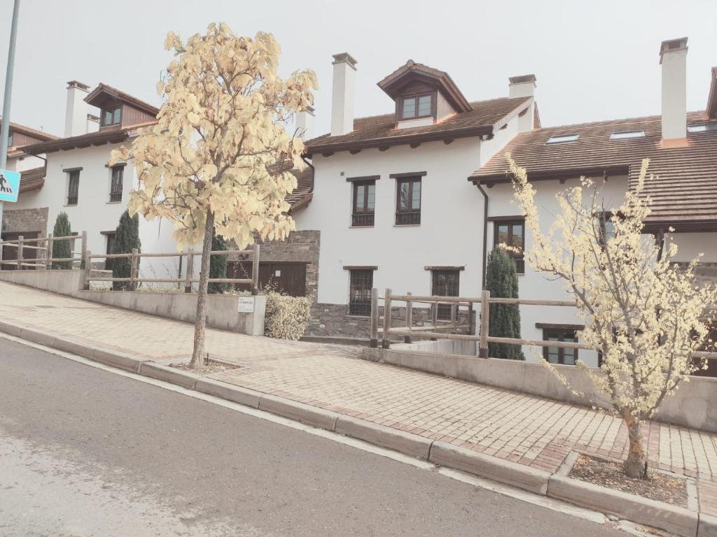 ein weißes Haus mit zwei Bäumen an einer Straße in der Unterkunft Mendia in Jaca