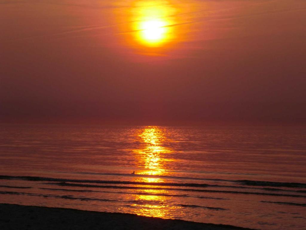 a sunset over the ocean with a person walking on the beach at Ferienwohnungen Am Schwanenteich in Rostock