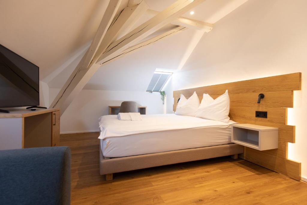 1 dormitorio con 1 cama y TV en smartroom hotel Rössli Hunzenschwil, en Hunzenschwil