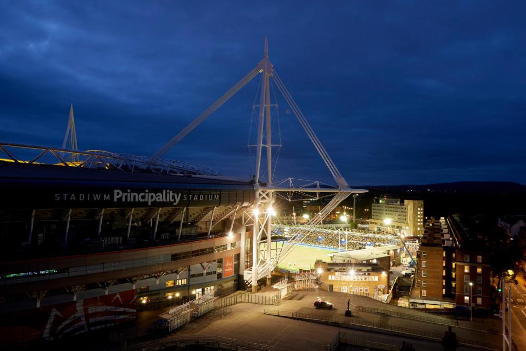 a view of a stadium at night at The Parkgate Hotel in Cardiff