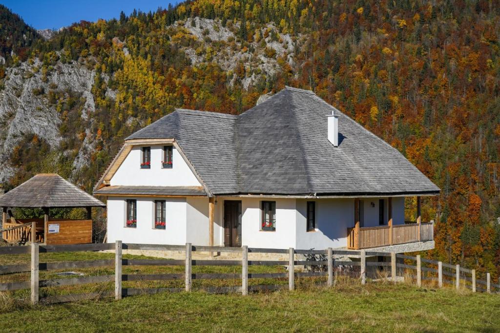 una casa blanca con techo gris en Pensiunea Hodăița en Măgura