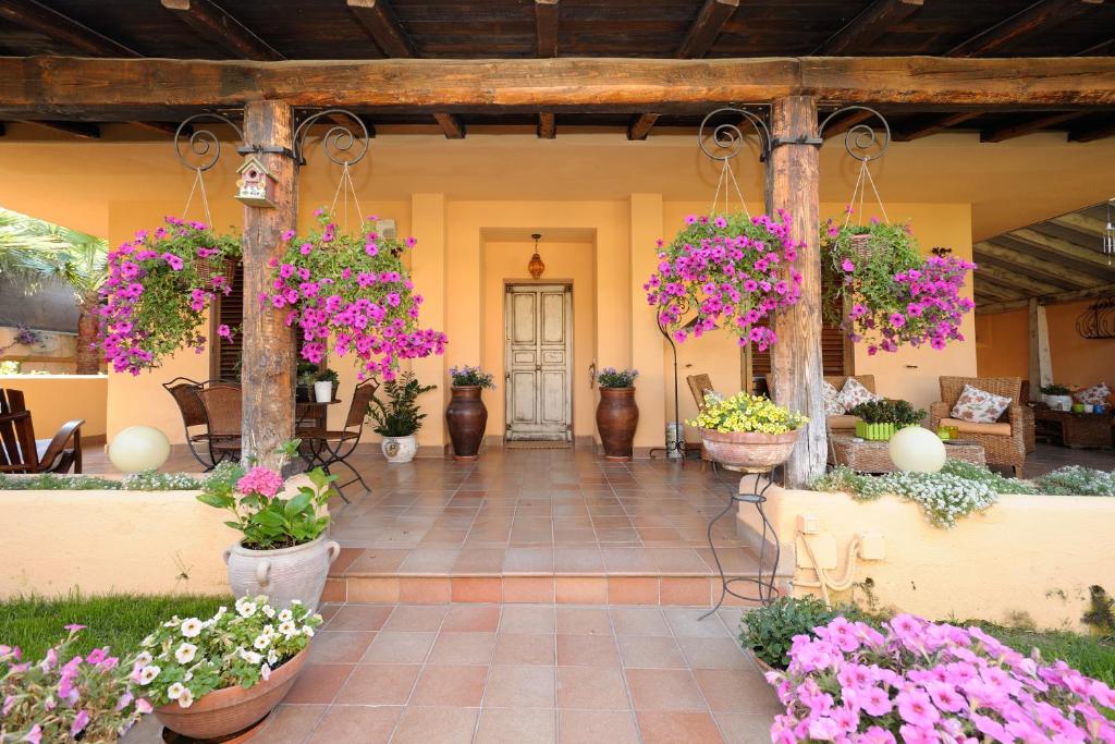 a porch with many potted plants and flowers at B&B Le Sorelle in San Leone