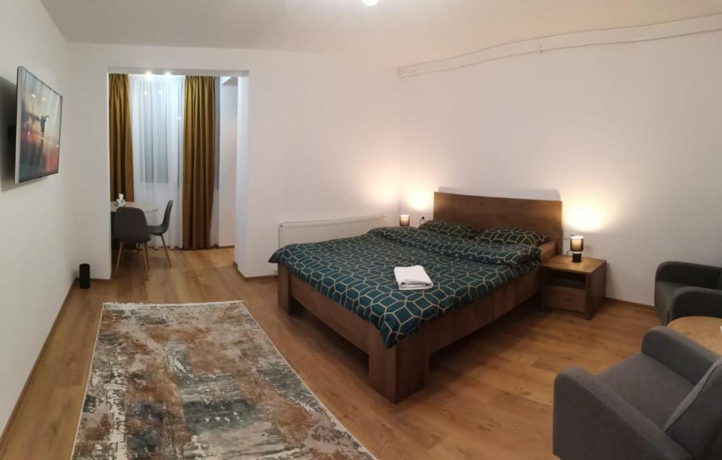 1 dormitorio con 1 cama, 1 silla y 1 sofá en Medias Cozy Studio, en Mediaş
