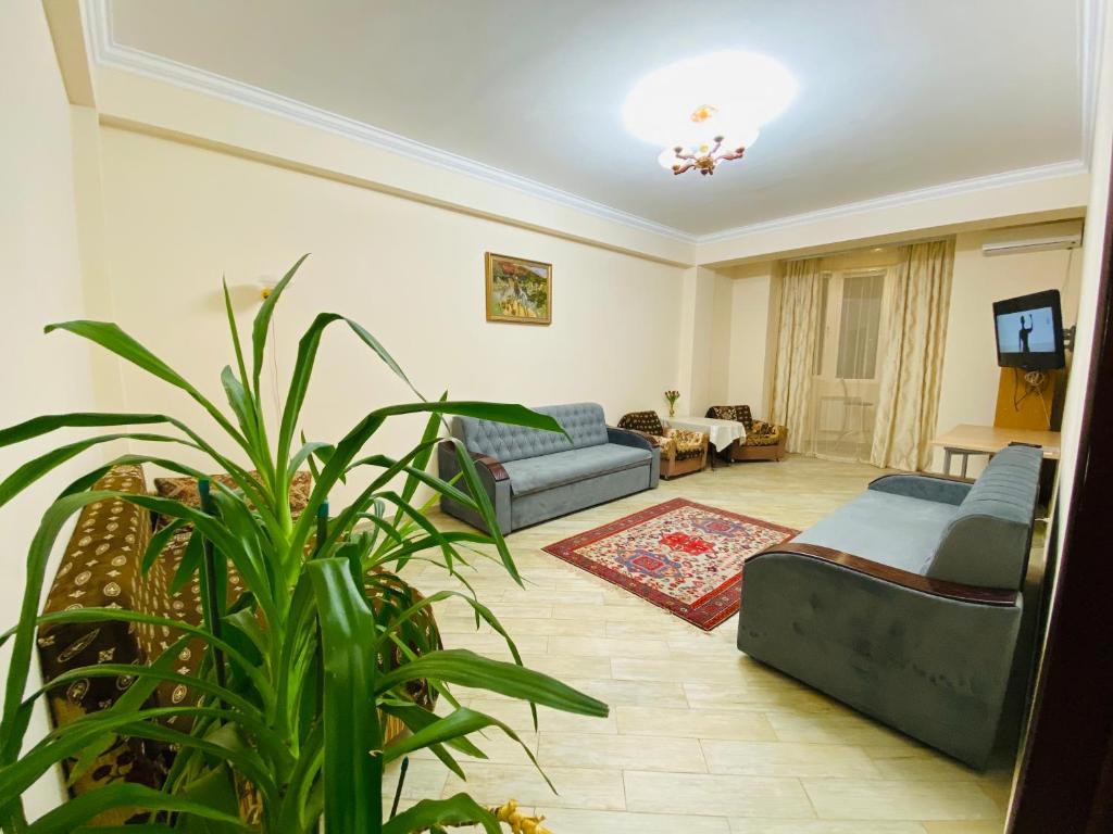 a living room with two couches and a plant at ОТДЕЛЬНАЯ КВАРТИРА В ЦЕНТРЕ in Makhachkala